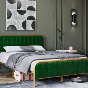 Senfot Queen Bed Frame Modern Upholstered Platform with Velvet Headboard and Gold Frame, Wooden Slat Support No Box Spring Needed in Gold and Green