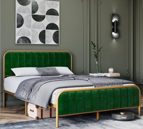 Senfot Queen Bed Frame Modern Upholstered Platform with Velvet Headboard and Gold Frame, Wooden Slat Support No Box Spring Needed in Gold and Green