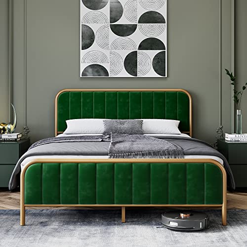 Senfot Queen Bed Frame Modern Upholstered Platform with Velvet Headboard and Gold Frame, Wooden Slat Support No Box Spring Needed in Gold and Green