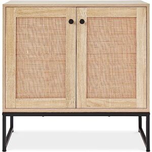 best choice products 2-door rattan storage cabinet, accent furniture, multifunctional cupboard for living room, hallway, kitchen, sideboard, buffet table w/non-scratch foot pads - natural