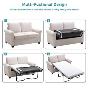 Merax Pull Out Sleeper Sofa Bed 2 in 1 Couch with Memory Foam Apartment/Small Spaces, Living Room/Office Love Seats, White_w/Mattress