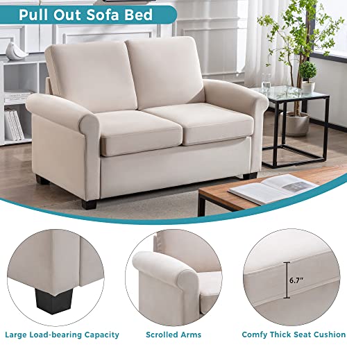 Merax Pull Out Sleeper Sofa Bed 2 in 1 Couch with Memory Foam Apartment/Small Spaces, Living Room/Office Love Seats, White_w/Mattress