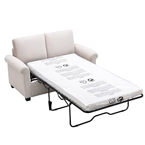 Merax Pull Out Sleeper Sofa Bed 2 in 1 Couch with Memory Foam Apartment/Small Spaces, Living Room/Office Love Seats, White_w/Mattress