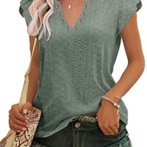 Womens Summer Tops Casual Country V Neck Tee Shirts Petal Sleeve Fashion Loose Blouse B-Green