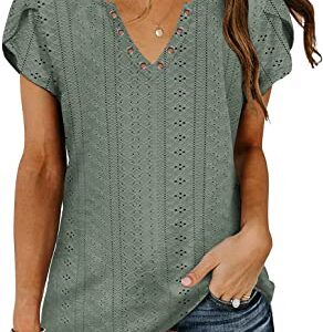 Womens Summer Tops Casual Country V Neck Tee Shirts Petal Sleeve Fashion Loose Blouse B-Green