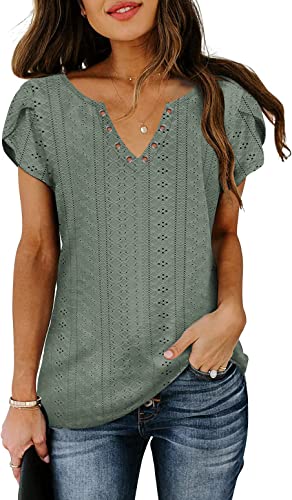 Womens Summer Tops Casual Country V Neck Tee Shirts Petal Sleeve Fashion Loose Blouse B-Green