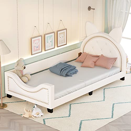 MWrouqfur Wooden Twin Size Upholstered Bed Frame with Carton Ears Shaped Headboard, Twin PU Leather Platform Bed for Girls Boys, Low Profile Single Bed - No Box Spring Needed