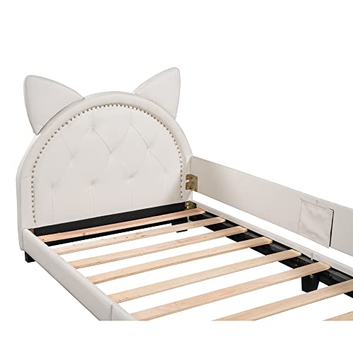 MWrouqfur Wooden Twin Size Upholstered Bed Frame with Carton Ears Shaped Headboard, Twin PU Leather Platform Bed for Girls Boys, Low Profile Single Bed - No Box Spring Needed