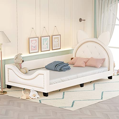 MWrouqfur Wooden Twin Size Upholstered Bed Frame with Carton Ears Shaped Headboard, Twin PU Leather Platform Bed for Girls Boys, Low Profile Single Bed - No Box Spring Needed