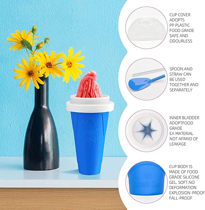 GRETA COMMERCE Slushy Maker Cup Portable and Double Layer Ice Cream Maker Slushie Magic Cup for DIY Drinks Milk Shake (Blue)