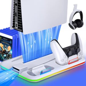 kawaye ps5 stand cooling fan for playstation 5, ps5 vertical stand cooler with rgb light & dual controller charge station, ps5 accessories organizer stand with 6 game slots, headset holder