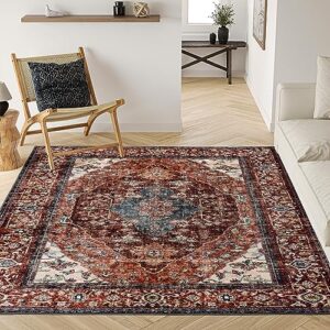 valenrug 6x9 area rugs - stain resistant lightweight washable rug, anti-skid rugs for living room, boho persian area rug(coffee/red, 6'x9')