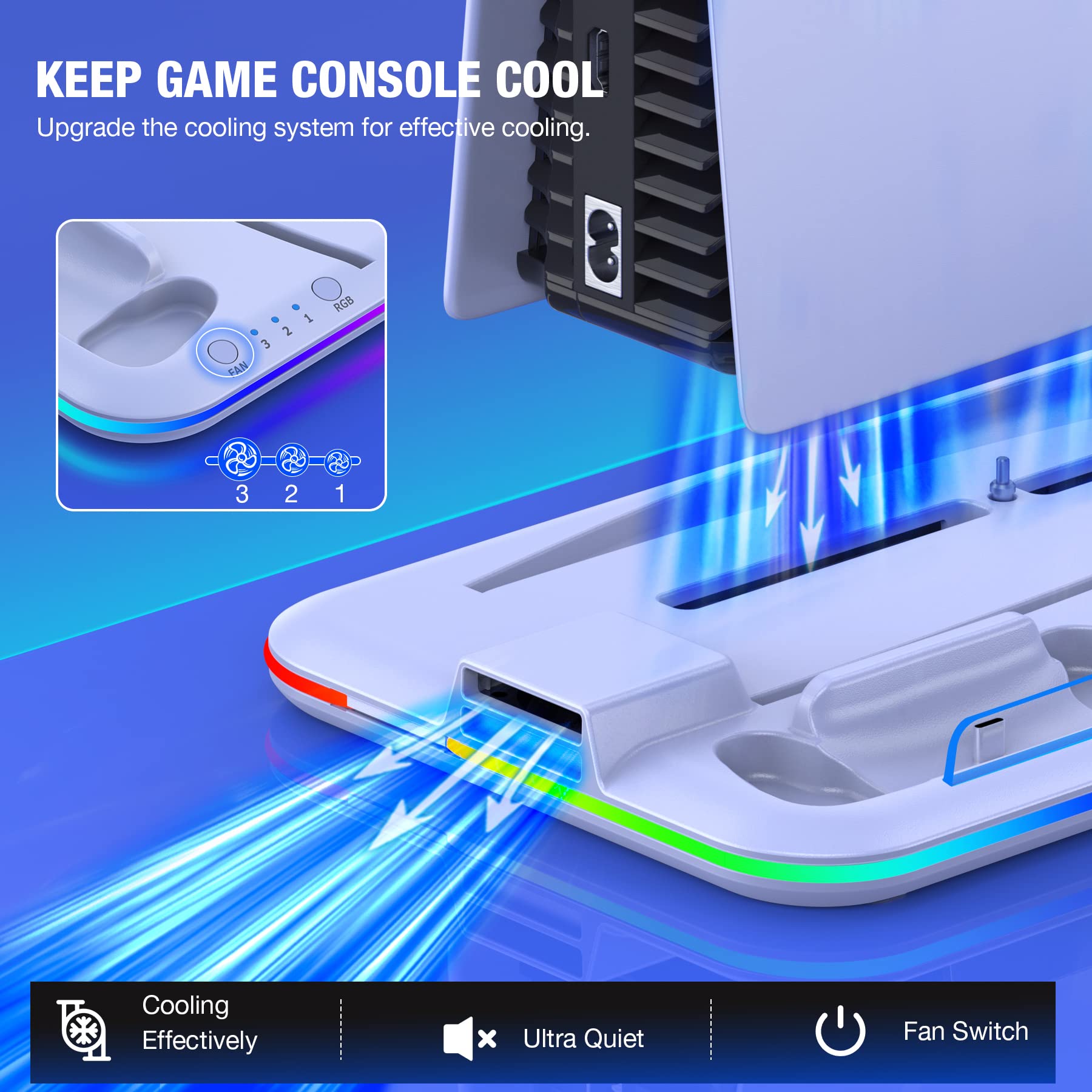 Kawaye PS5 Stand Cooling Fan for Playstation 5, PS5 Vertical Stand Cooler with RGB Light & Dual Controller Charge Station, PS5 Accessories Organizer Stand with 6 Game Slots, Headset Holder