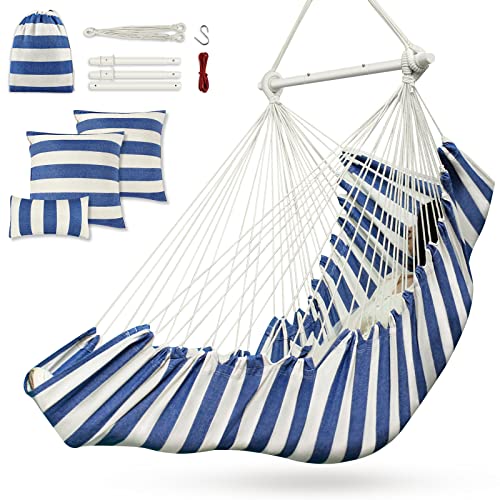 Hammock Chair, Hanging Chair with 3 Cushions and Foot Rest Support, Durable Metal Spreader Bar Max 440 Lbs, Swing Chair for Bedroom, Indoor & Outdoor, Patio, Porch or Tree（Blue and White）