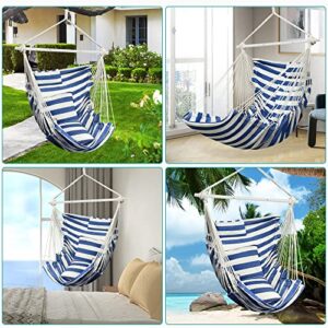 Hammock Chair, Hanging Chair with 3 Cushions and Foot Rest Support, Durable Metal Spreader Bar Max 440 Lbs, Swing Chair for Bedroom, Indoor & Outdoor, Patio, Porch or Tree（Blue and White）