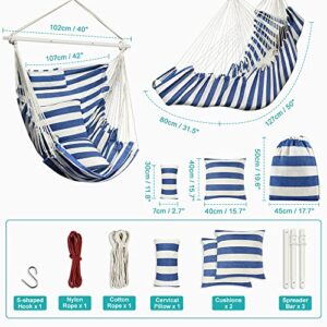 Hammock Chair, Hanging Chair with 3 Cushions and Foot Rest Support, Durable Metal Spreader Bar Max 440 Lbs, Swing Chair for Bedroom, Indoor & Outdoor, Patio, Porch or Tree（Blue and White）