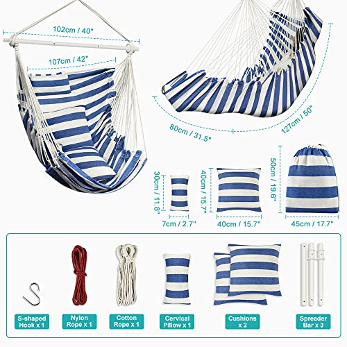 Hammock Chair, Hanging Chair with 3 Cushions and Foot Rest Support, Durable Metal Spreader Bar Max 440 Lbs, Swing Chair for Bedroom, Indoor & Outdoor, Patio, Porch or Tree（Blue and White）