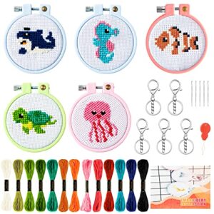 watinc 5pcs embroidery kit for kids stamped cross stitch diy key chain with sea animals patterns needlepoint starter kits ocean animal themed educational craft supplies for beginners adults schoolbag