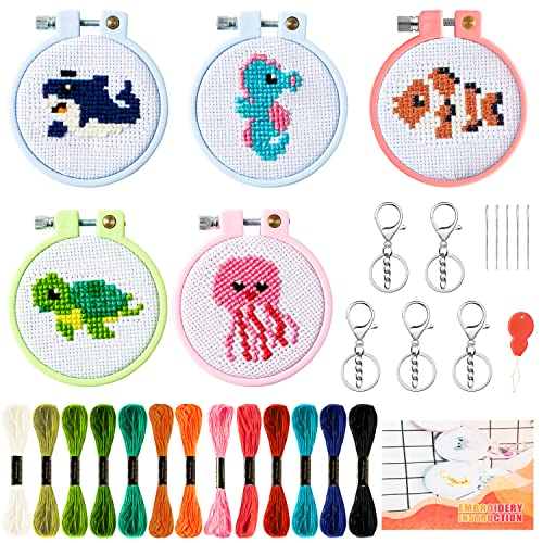 WATINC 5Pcs Embroidery Kit for Kids Stamped Cross Stitch DIY Key Chain with Sea Animals Patterns Needlepoint Starter Kits Ocean Animal Themed Educational Craft Supplies for Beginners Adults Schoolbag