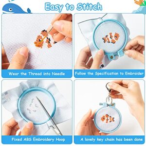 WATINC 5Pcs Embroidery Kit for Kids Stamped Cross Stitch DIY Key Chain with Sea Animals Patterns Needlepoint Starter Kits Ocean Animal Themed Educational Craft Supplies for Beginners Adults Schoolbag