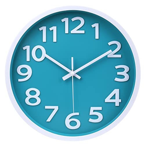 10 Inch Wall Clock Silent Non-Ticking Battery Operated,Modern Wall Clocks 3D Numbers Easy to Read Quartz Analog Clock for Bedroom Home School Office Decor (Aqua)