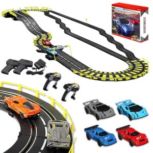 fulercni 2 in 1 slot car race car track sets,electric/hand shake two modes racing tracks,4 1:43 slot cars and 2 electric controllers and 2 hand shake controllers set, gift toys for children age 6-12