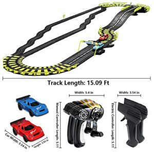 Fulercni 2 in 1 Slot Car Race Car Track Sets,Electric/Hand Shake Two Modes Racing Tracks,4 1:43 Slot Cars and 2 Electric Controllers and 2 Hand Shake Controllers Set, Gift Toys for Children Age 6-12