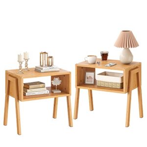 end table set of 2 bamboo stackable bedside table living room nightstand 2-tier storage shelf wood sofa table for small space bed room living room