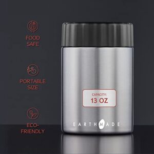 Earthmade Stainless Steel Insulated Food Jar,13 oz Food Thermos for Hot Soup & Cold Fruit, Ceramic Interior Food Container, Silicone spoon Eco-Friendly