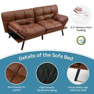 KOMFOTT Futon Sofa Bed, Faux Leather Memory Foam Convertible Futon Couch with Adjustable Backrest & Armrests, Metal Legs, Modern Loveseat Sleeper Bed Split-Back Sofa for Small Apartment & Office