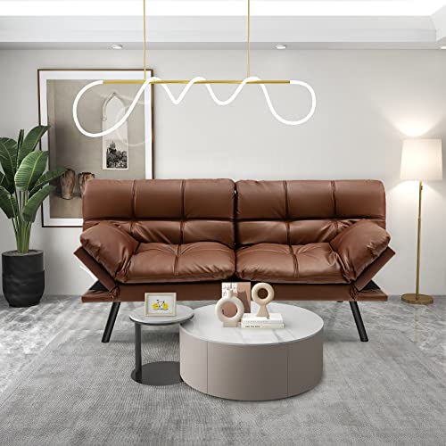 KOMFOTT Futon Sofa Bed, Faux Leather Memory Foam Convertible Futon Couch with Adjustable Backrest & Armrests, Metal Legs, Modern Loveseat Sleeper Bed Split-Back Sofa for Small Apartment & Office