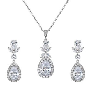 sweetv wedding jewelry for bride, silver teardrop cubic zirconia necklace earrings set, bridal jewerly set for wedding porm