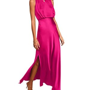 BTFBM Women Sleeveless Mock Neck Cocktail Dresses Keyhole Elastic Waist Party Wedding Guest Satin High Split Maxi Dress(Solid Rose Red, Small)