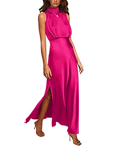 BTFBM Women Sleeveless Mock Neck Cocktail Dresses Keyhole Elastic Waist Party Wedding Guest Satin High Split Maxi Dress(Solid Rose Red, Small)