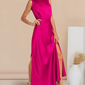 BTFBM Women Sleeveless Mock Neck Cocktail Dresses Keyhole Elastic Waist Party Wedding Guest Satin High Split Maxi Dress(Solid Rose Red, Small)