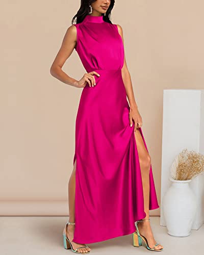 BTFBM Women Sleeveless Mock Neck Cocktail Dresses Keyhole Elastic Waist Party Wedding Guest Satin High Split Maxi Dress(Solid Rose Red, Small)