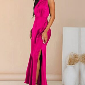 BTFBM Women Sleeveless Mock Neck Cocktail Dresses Keyhole Elastic Waist Party Wedding Guest Satin High Split Maxi Dress(Solid Rose Red, Small)