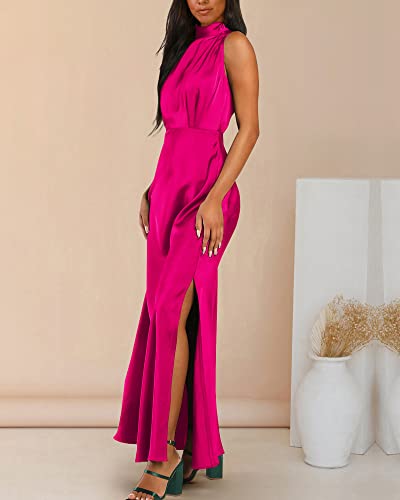 BTFBM Women Sleeveless Mock Neck Cocktail Dresses Keyhole Elastic Waist Party Wedding Guest Satin High Split Maxi Dress(Solid Rose Red, Small)