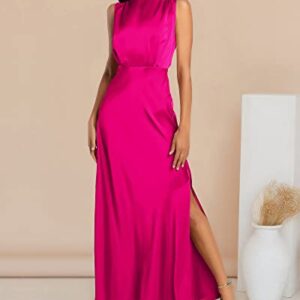 BTFBM Women Sleeveless Mock Neck Cocktail Dresses Keyhole Elastic Waist Party Wedding Guest Satin High Split Maxi Dress(Solid Rose Red, Small)