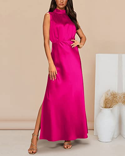 BTFBM Women Sleeveless Mock Neck Cocktail Dresses Keyhole Elastic Waist Party Wedding Guest Satin High Split Maxi Dress(Solid Rose Red, Small)