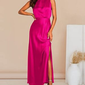 BTFBM Women Sleeveless Mock Neck Cocktail Dresses Keyhole Elastic Waist Party Wedding Guest Satin High Split Maxi Dress(Solid Rose Red, Small)