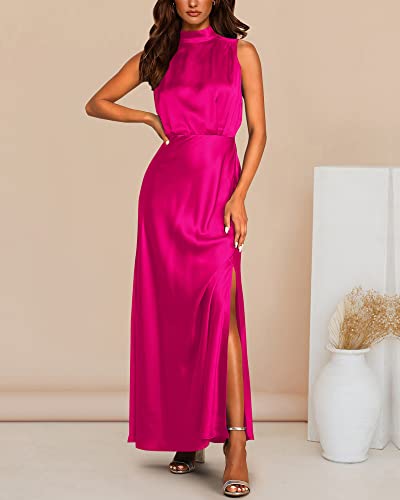 BTFBM Women Sleeveless Mock Neck Cocktail Dresses Keyhole Elastic Waist Party Wedding Guest Satin High Split Maxi Dress(Solid Rose Red, Small)