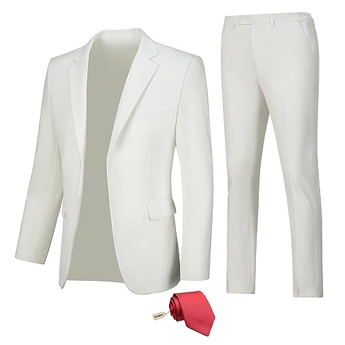 Mens 2 Piece Suit Slim Fit Single Breasted Suits Blazer and Pants,Two Button Solid Prom Wedding Tuxedo Jacket&Trousers for Men Ivory 3XL