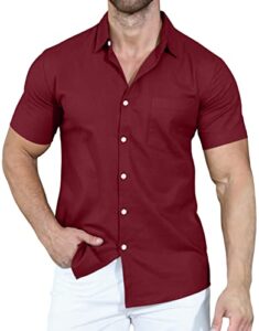 ytd men's casual button down shirt chambray plain short sleeve dress shirt