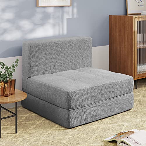 Aiho Folding Sleeper Sofa Chair Bed, Memory Foam Floor Couch , Modern Linen Fabric Removable Cover, for Living Room/Apartment/Dorm/Loft (Light Grey)