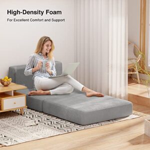 Aiho Folding Sleeper Sofa Chair Bed, Memory Foam Floor Couch , Modern Linen Fabric Removable Cover, for Living Room/Apartment/Dorm/Loft (Light Grey)