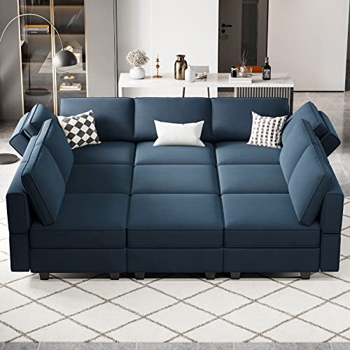 Belffin Modular Sectional Sofa with Ottomans Velvet Reversible Sleeper Chaise Bed Storage Seat Blue…