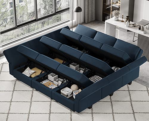 Belffin Modular Sectional Sofa with Ottomans Velvet Reversible Sleeper Chaise Bed Storage Seat Blue…