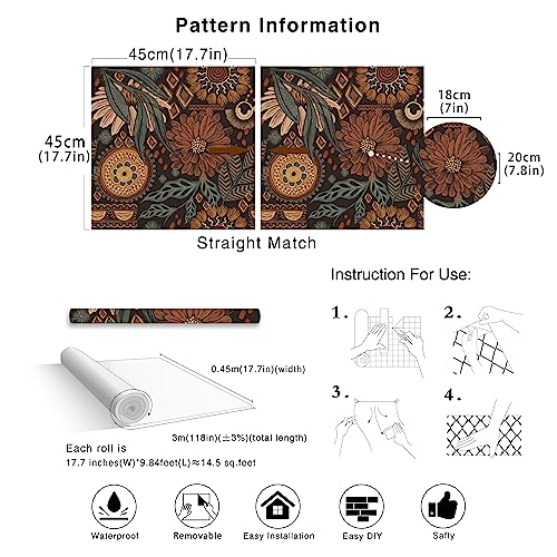 HAOKHOME 93291 Wallpaper Peel and Stick Floral Boho Brown/PeachPuff/Green Retro Wall Decor Bathroom Removable Mural 17.7in x 9.8ft