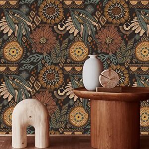 HAOKHOME 93291 Wallpaper Peel and Stick Floral Boho Brown/PeachPuff/Green Retro Wall Decor Bathroom Removable Mural 17.7in x 9.8ft